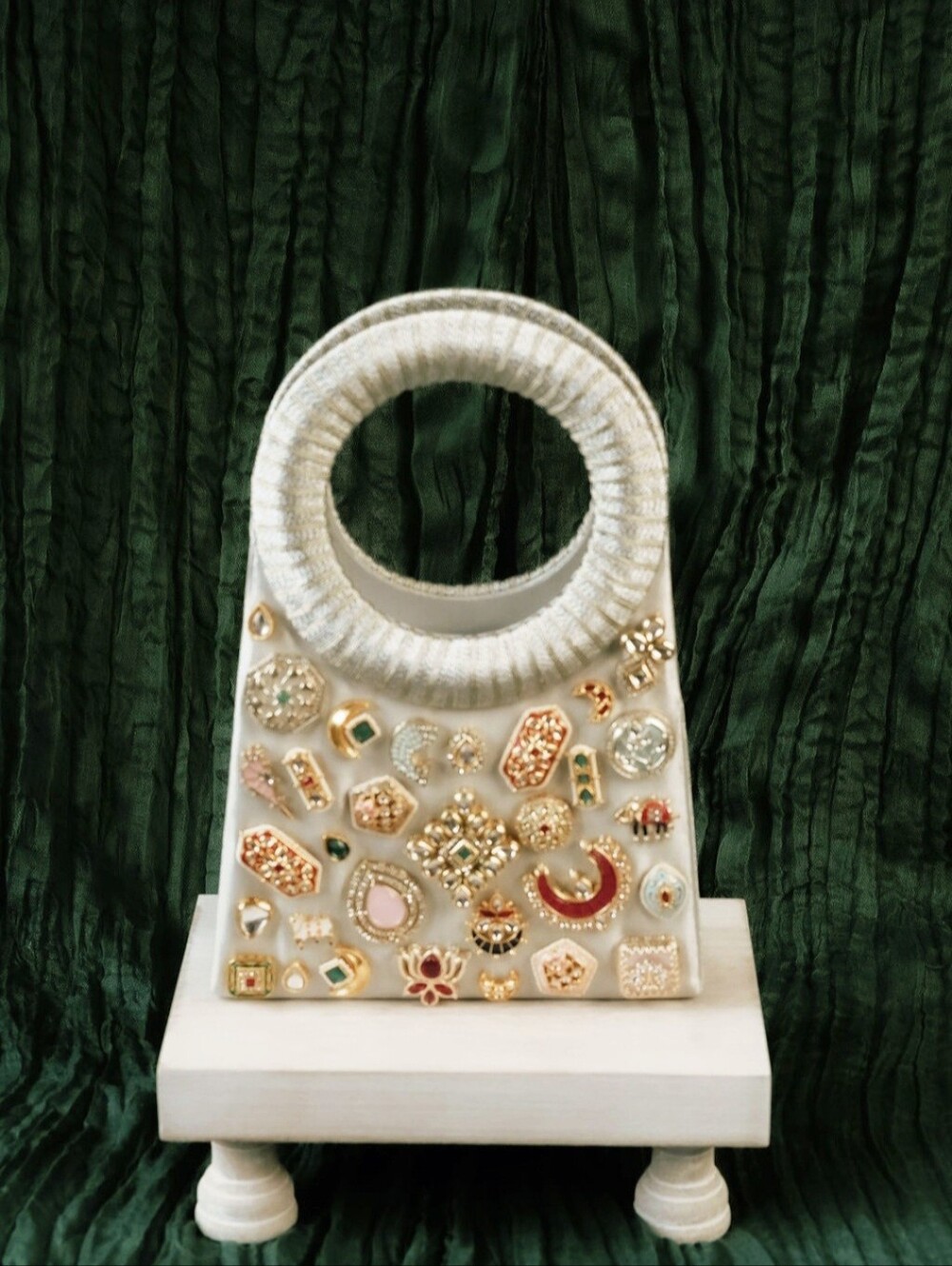 Embellished Cream Evening Bag with Jewel Accents